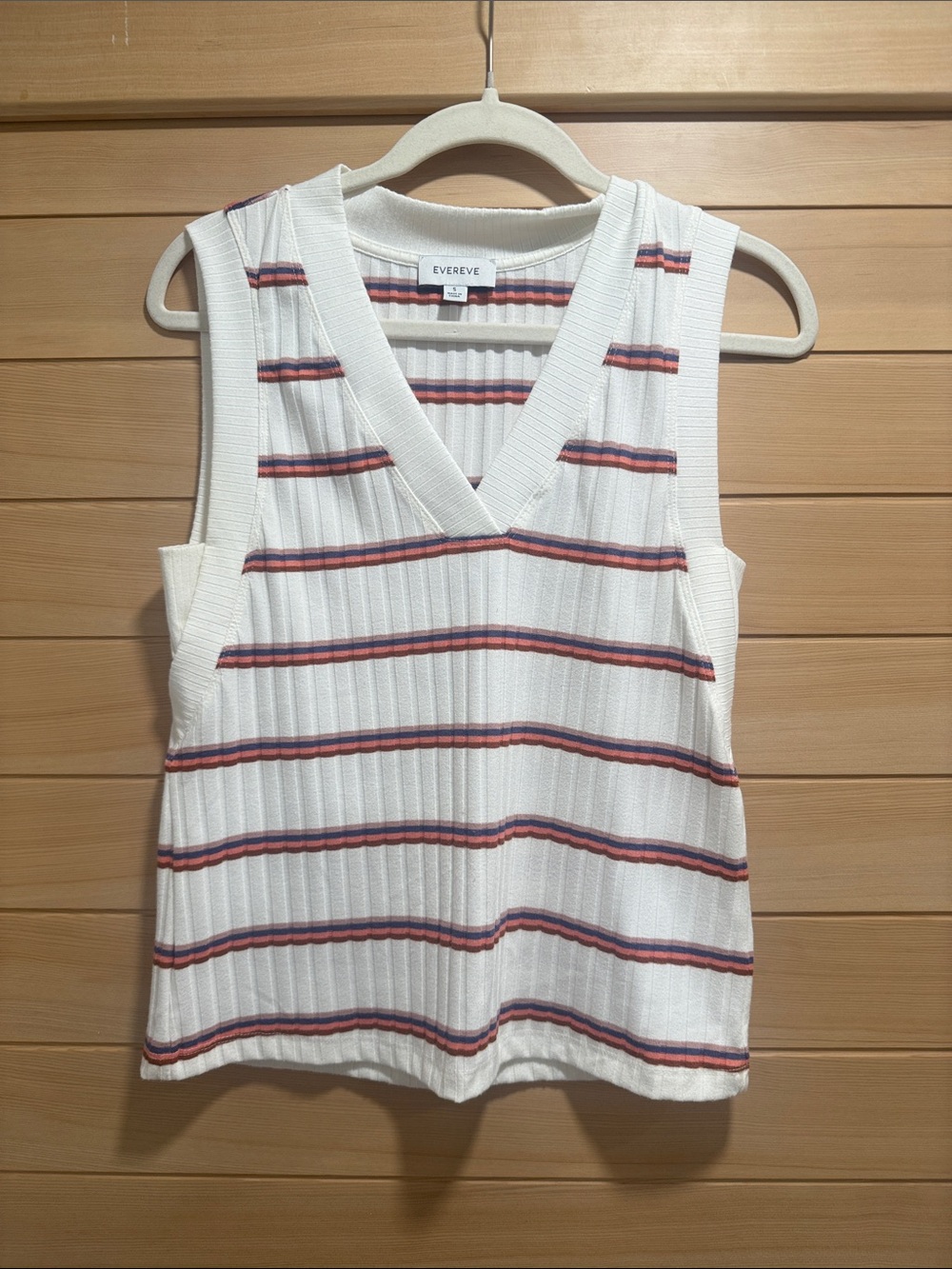 Evereve White Ribbed V-Neck Tank with Red and Blue Stripes